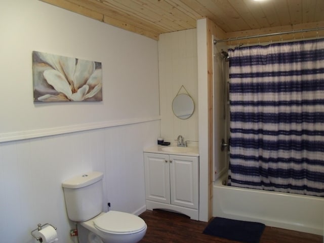 3468 W Nye Rd, Hessel, MI 49745 - full bath with wood ceiling, wood finished floors, vanity, toilet, and shower / bathtub combination with curtain