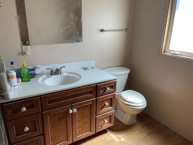bathroom with toilet, vanity, and wood finished floors