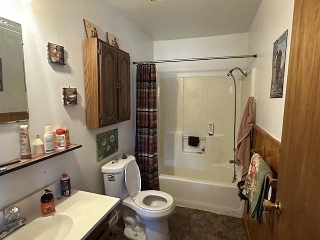full bath with shower / bath combination with curtain, toilet, and vanity