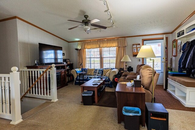 carpeted living room featuring vaulted ceiling, a textured ceiling, ceiling fan, and crown molding