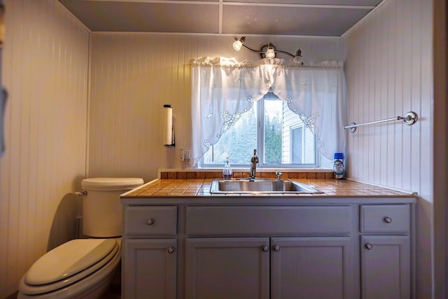 bathroom with toilet, vanity, and wooden walls