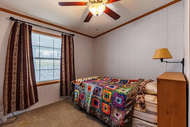 bedroom featuring a textured ceiling, lofted ceiling, carpet flooring, and crown molding