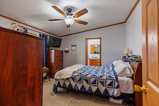 bedroom featuring vaulted ceiling, a ceiling fan, carpet floors, crown molding, and a textured ceiling