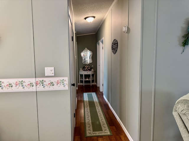 10525 Alpenhof Dr, Grayling, MI 49738 - hallway featuring dark wood-style floors, a textured ceiling, ornamental molding, and baseboards