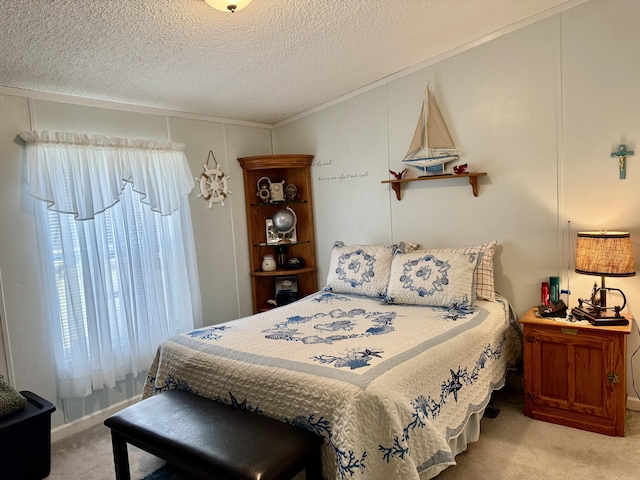 10525 Alpenhof Dr, Grayling, MI 49738 - bedroom featuring carpet, multiple windows, a textured ceiling, and ornamental molding