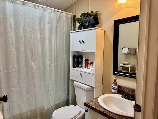 10525 Alpenhof Dr, Grayling, MI 49738 - bathroom with toilet, vanity, a shower with curtain, and a textured ceiling