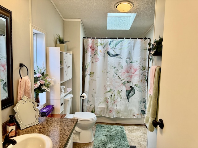 10525 Alpenhof Dr, Grayling, MI 49738 - full bath with a skylight, vanity, a textured ceiling, shower / bath combo with shower curtain, and toilet