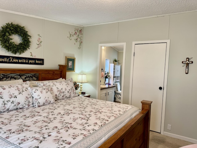 10525 Alpenhof Dr, Grayling, MI 49738 - bedroom with crown molding, light colored carpet, a textured ceiling, and ensuite bath