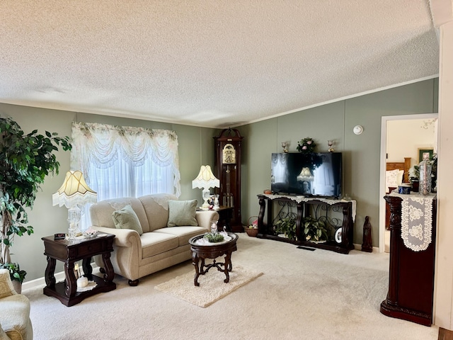 10525 Alpenhof Dr, Grayling, MI 49738 - living area with carpet floors, a textured ceiling, crown molding, and lofted ceiling