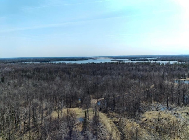 aerial view with a forest view and a water view