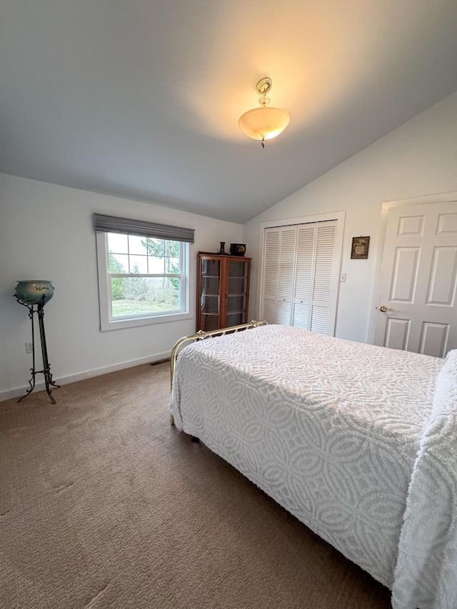 bedroom featuring baseboards, carpet floors, vaulted ceiling, and a closet