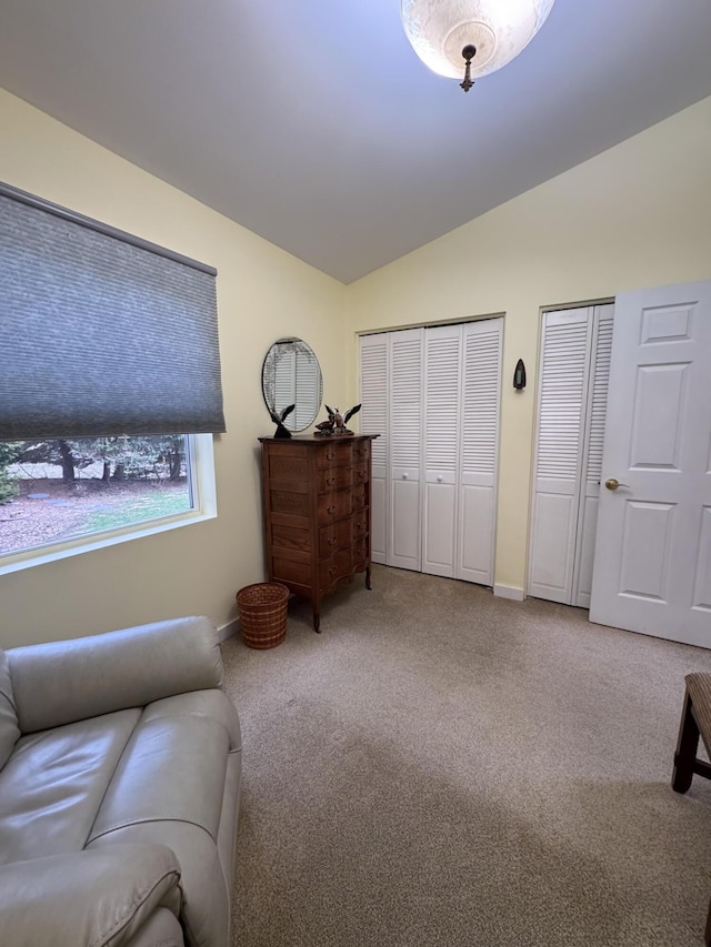 living area with carpet flooring, baseboards, and lofted ceiling