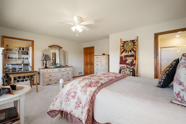 bedroom with carpet flooring, visible vents, and a ceiling fan