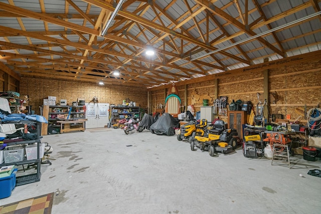 garage with a workshop area