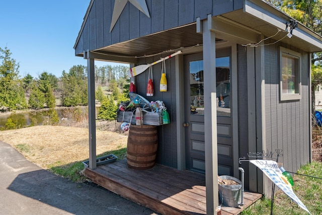 exterior space with a water view