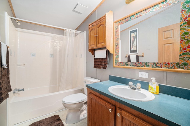 1580 Bancroft St, Cheboygan, MI 49721 - bathroom featuring vaulted ceiling, toilet, vanity, and shower / bathtub combination with curtain