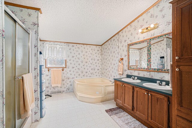 1580 Bancroft St, Cheboygan, MI 49721 - full bath with wallpapered walls, a textured ceiling, ornamental molding, and a sink