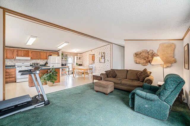 1580 Bancroft St, Cheboygan, MI 49721 - living room featuring wallpapered walls, a textured ceiling, crown molding, and light carpet