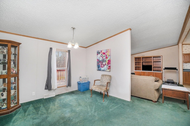 1580 Bancroft St, Cheboygan, MI 49721 - living area featuring a chandelier, carpet, visible vents, and crown molding