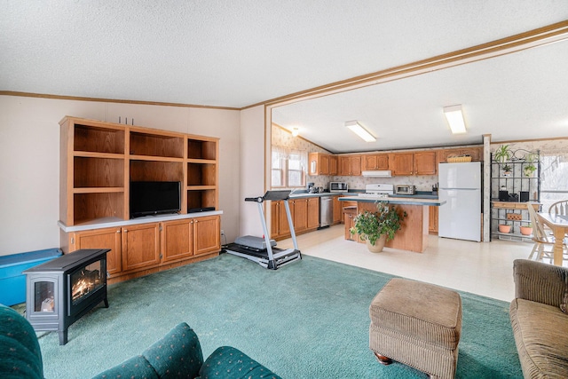 1580 Bancroft St, Cheboygan, MI 49721 - living room with a textured ceiling, a wood stove, and ornamental molding