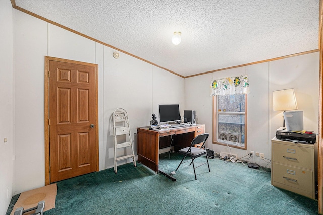 1580 Bancroft St, Cheboygan, MI 49721 - carpeted home office featuring lofted ceiling, a textured ceiling, and crown molding