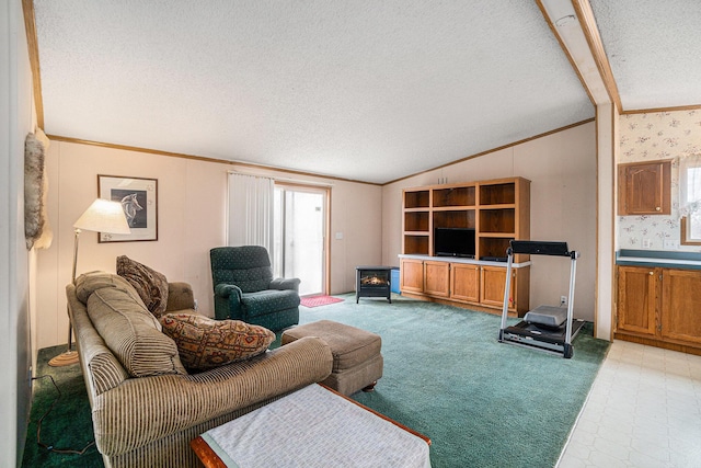 1580 Bancroft St, Cheboygan, MI 49721 - living room featuring a textured ceiling, vaulted ceiling, carpet, wallpapered walls, and ornamental molding