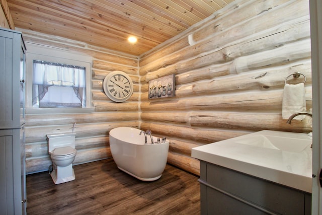 full bath featuring vanity, rustic walls, a soaking tub, and wood ceiling