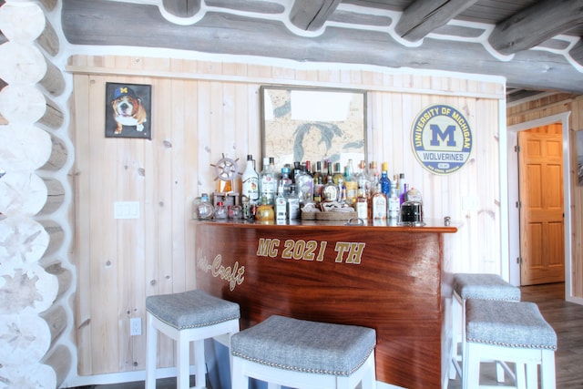 bar featuring a dry bar, wood finished floors, and wood walls