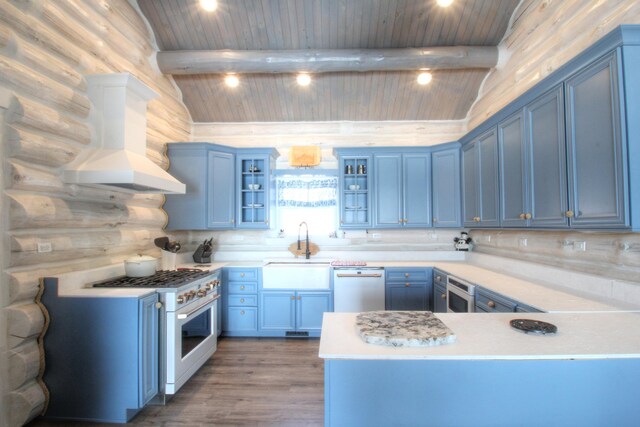 kitchen featuring dishwashing machine, high end range, blue cabinetry, and a sink