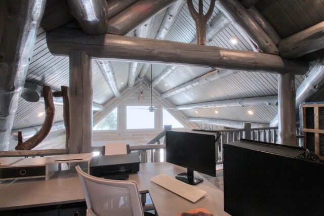 home office with wood ceiling, a ceiling fan, and vaulted ceiling with beams