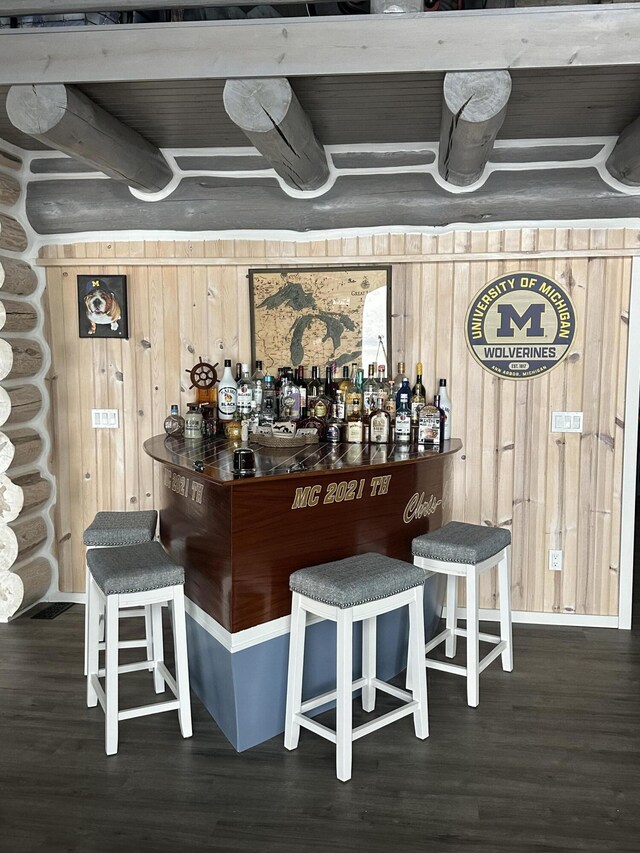 bar featuring a dry bar, wood walls, and wood finished floors