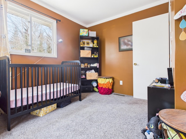 carpeted bedroom featuring crown molding
