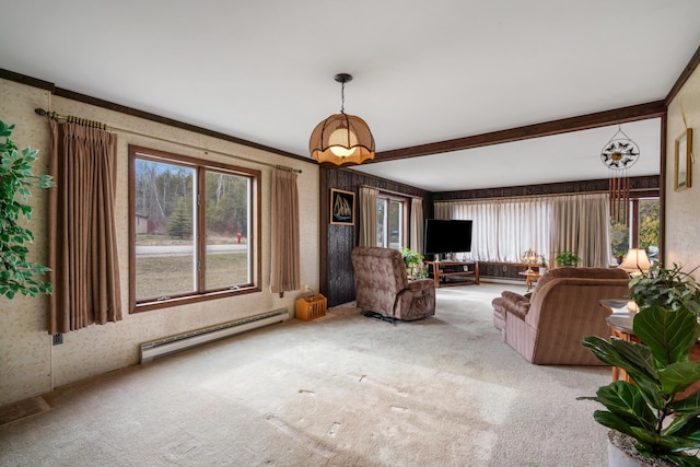 198 W Spruce St, Saint Ignace, MI 49781 - living area featuring a baseboard heating unit, a wealth of natural light, wallpapered walls, and carpet floors