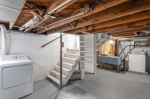 unfinished basement with stairway, independent washer and dryer, and a sink