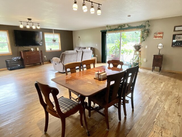 dining space with track lighting, light wood-style floors, and baseboards