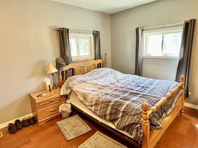 bedroom featuring baseboards, multiple windows, and wood finished floors