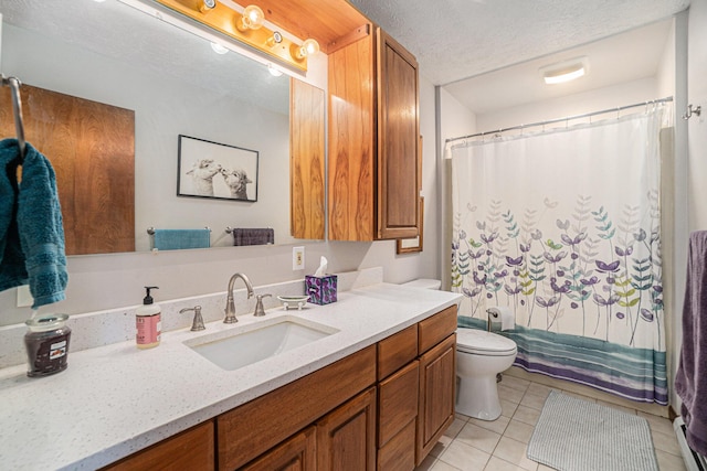 full bathroom featuring tile patterned flooring, vanity, toilet, a textured ceiling, and shower / tub combo
