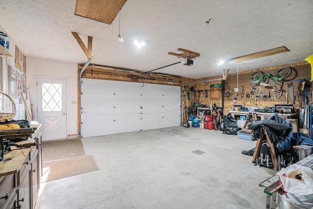 garage featuring a workshop area and a garage door opener