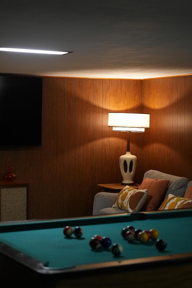 recreation room with wood walls