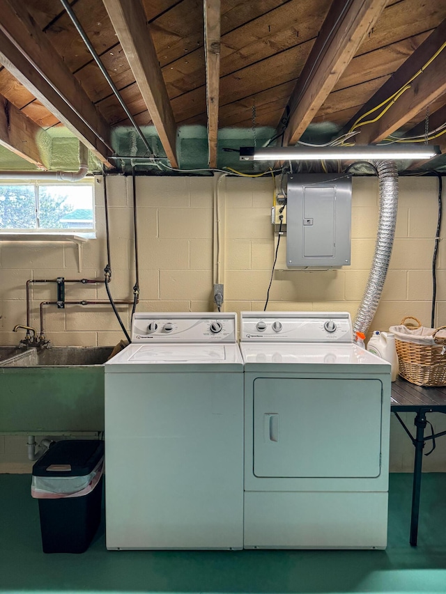 laundry room featuring laundry area, a sink, independent washer and dryer, and electric panel