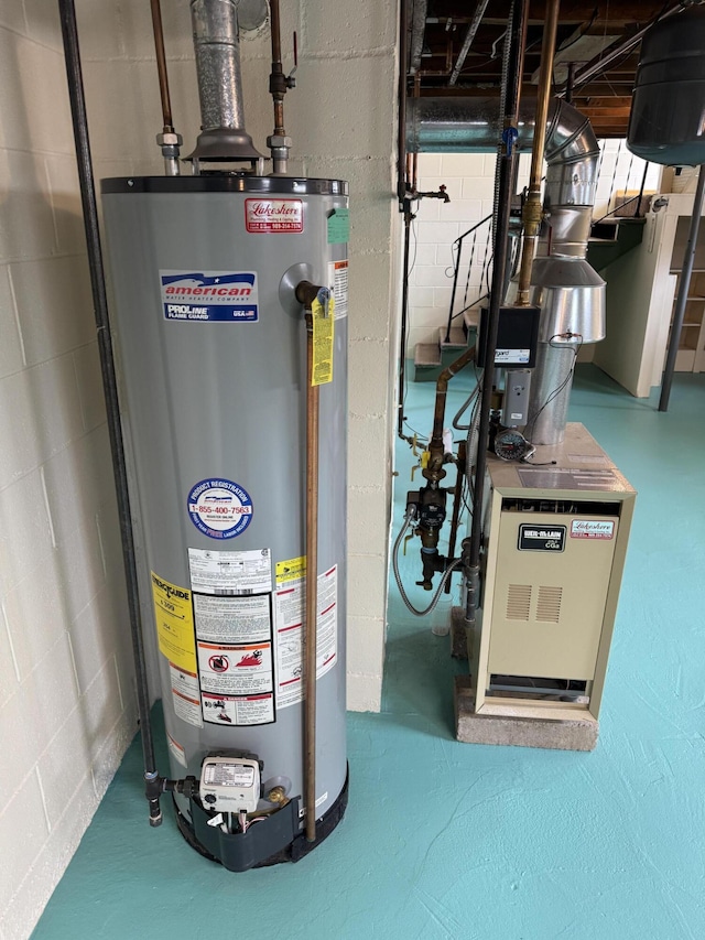 utilities with gas water heater and a heating unit