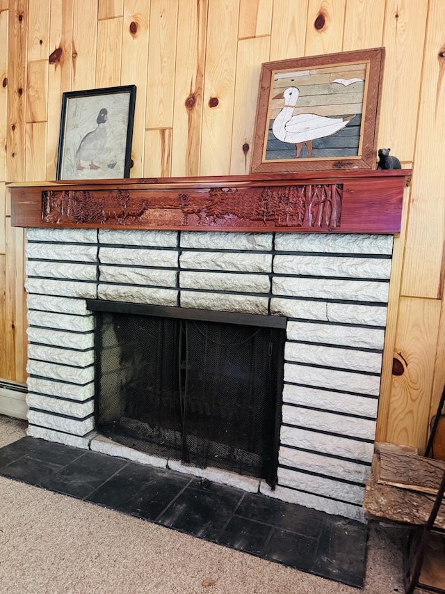 17745 Shubert Hwy, Alpena, MI 49707 - detailed view of a fireplace, carpet, and a baseboard heating unit