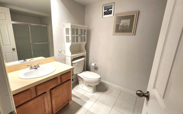 full bath featuring tile patterned flooring, a shower stall, toilet, vanity, and visible vents