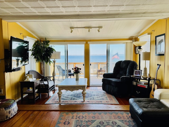 1106 Houghton View Dr, Houghton Lake, MI 48629 - living area with a water view, hardwood / wood-style flooring, ornamental molding, healthy amount of natural light, and wooden walls