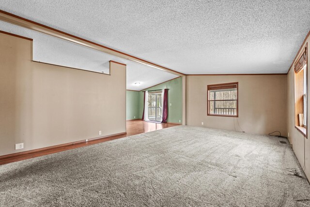 unfurnished living room with carpet, vaulted ceiling, and a textured ceiling