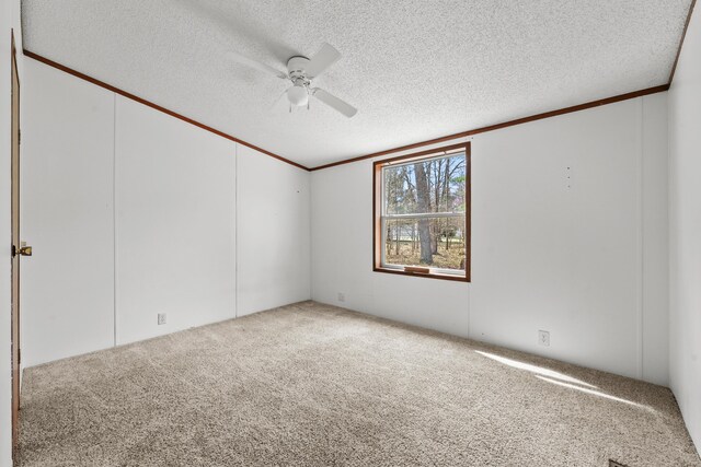 empty room with crown molding, ceiling fan, carpet, and a textured ceiling