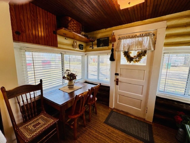 dining area featuring wood ceiling