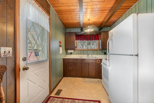 kitchen with visible vents, white appliances, light countertops, wooden ceiling, and a sink