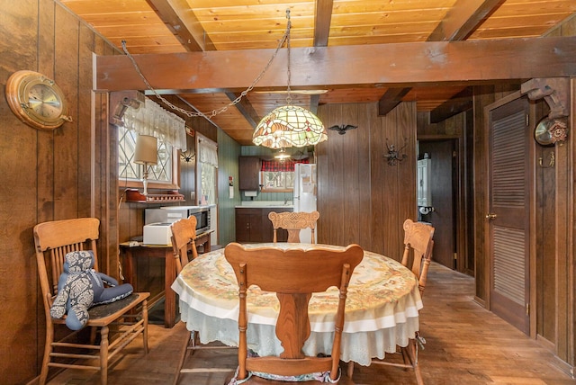 dining room featuring wood ceiling, wood finished floors, wooden walls, and beam ceiling