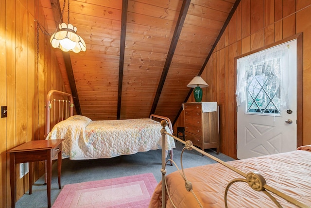 bedroom with vaulted ceiling with beams, carpet, wooden walls, and wooden ceiling